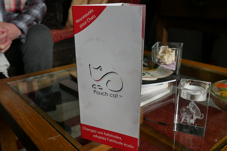 Pouch cat pamphlet on table