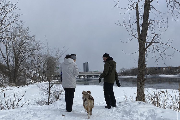 Walking a dog in winter