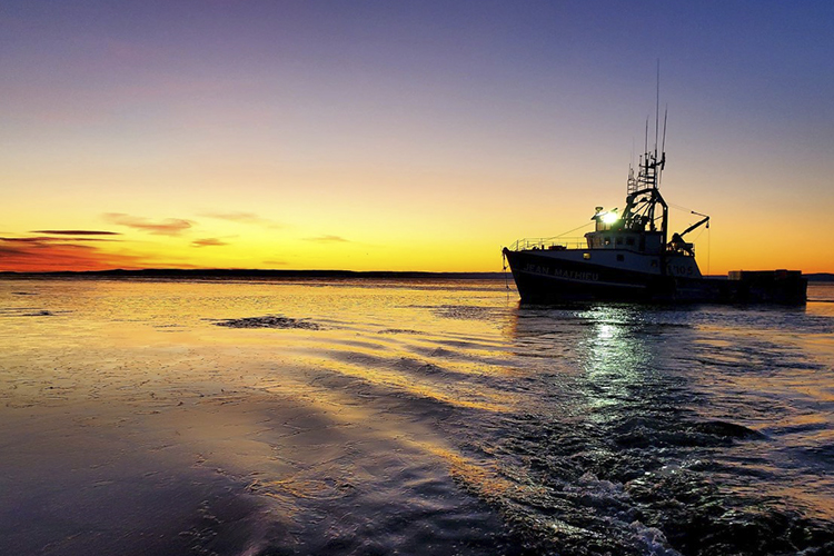 A seal hunting boat sailing away at sunrise.