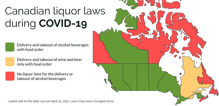 An infographic showing the different pandemic liquor laws by province of Canada.