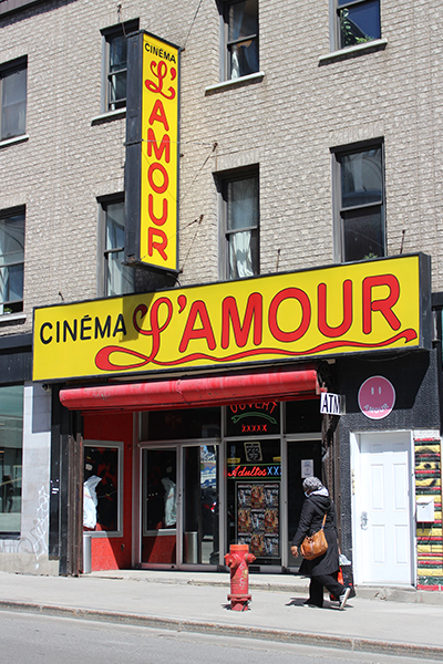 Exterior shot of Cinema L'Amour in Montreal, which showcases adult entertainment films