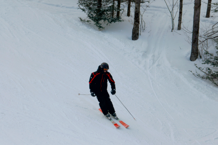 A skier carves on the slopes.