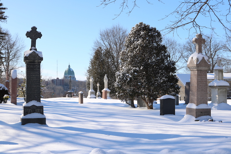 Standing pillars and gravestones in the Notre Dame de Neiges Cemetery framing a landscape of the city of Montreal