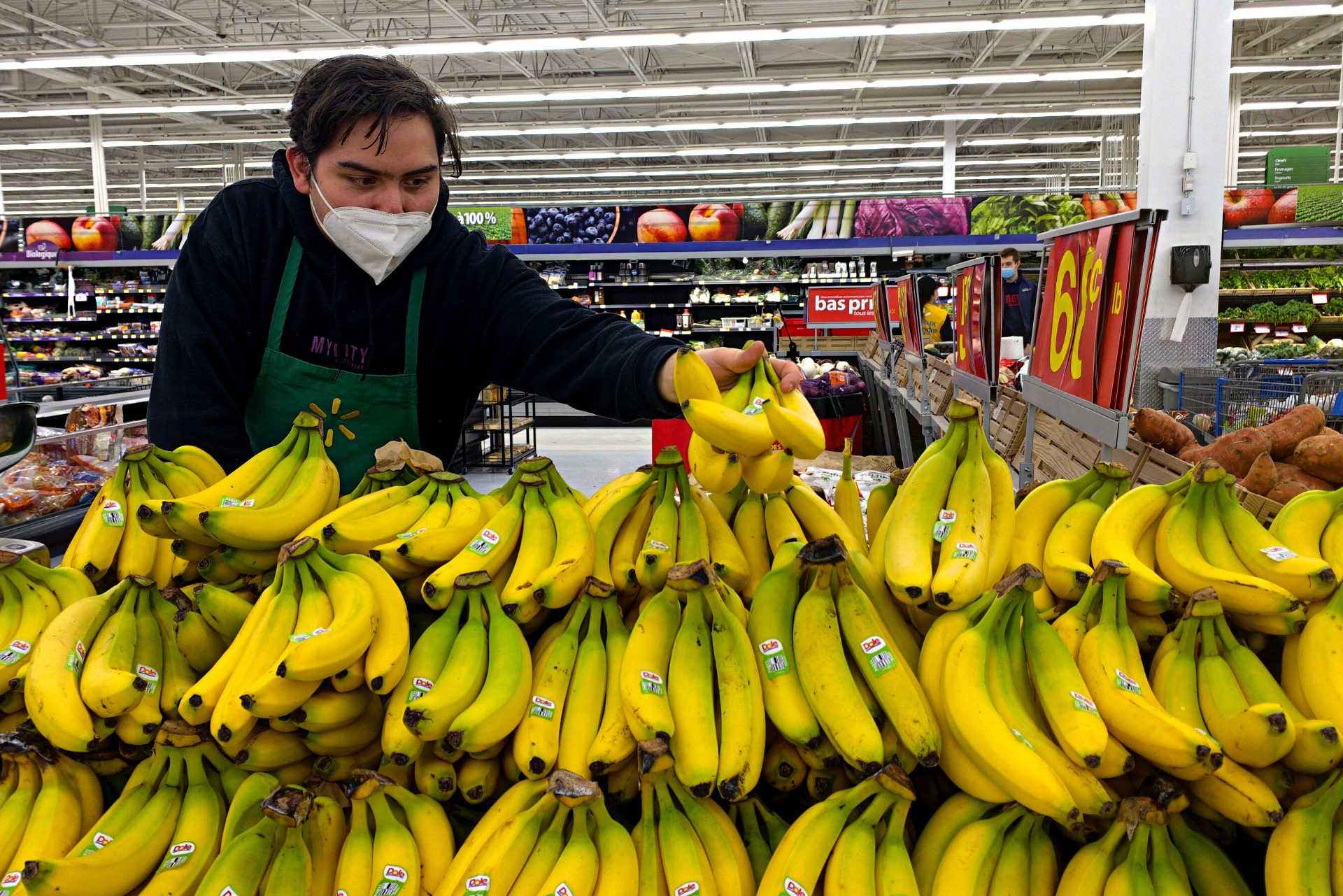 Man reaches out to place a bunch of bananas onto a display.
