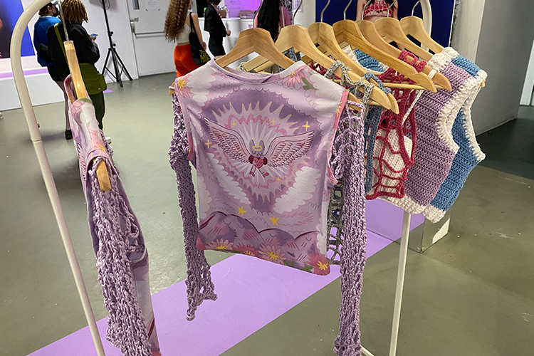 crochet items on a clothing rack