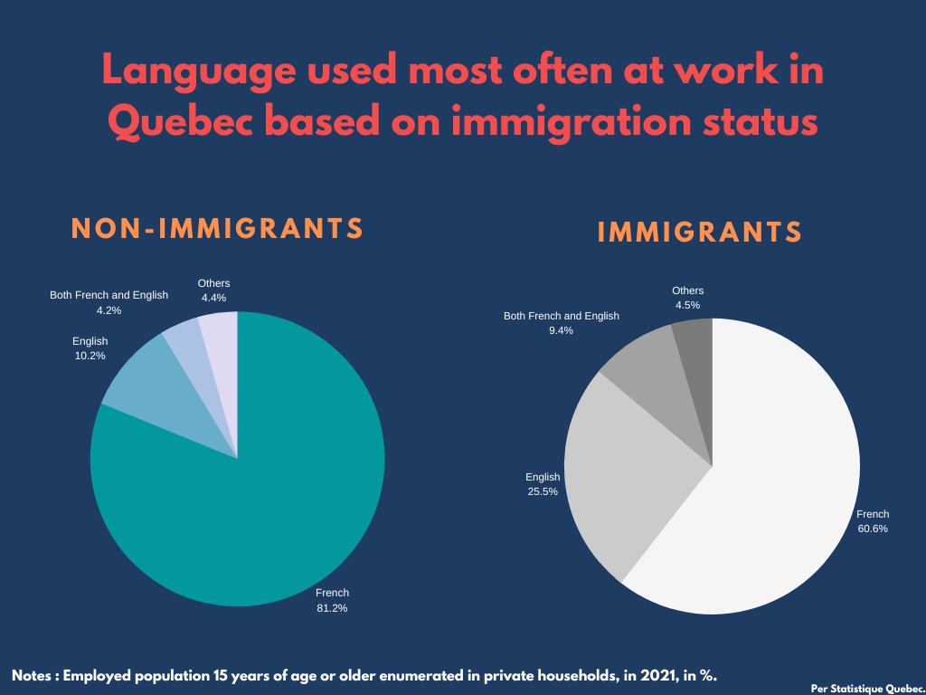 Statistical Pie Chart looking at most often language being used at work, based on immigration status.